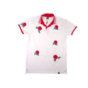 Screenshot‎ Mens White Red Rose Print Polo Shirt Size Large Polyester